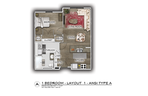 Floor plan for 1 bed, 1 bath, 713 sqft